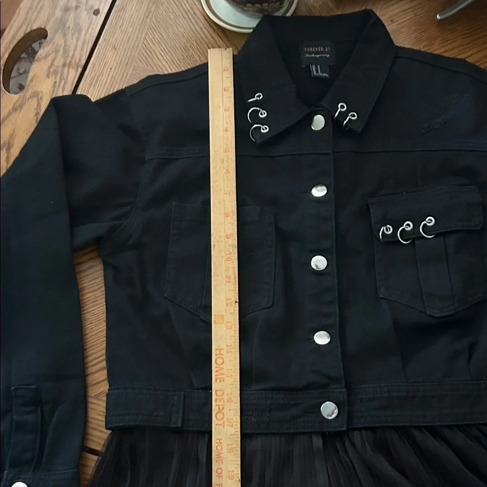 Pierced Black Denim Jacket w Detachable Sheer Tulle Panel - Picture 8 of 16